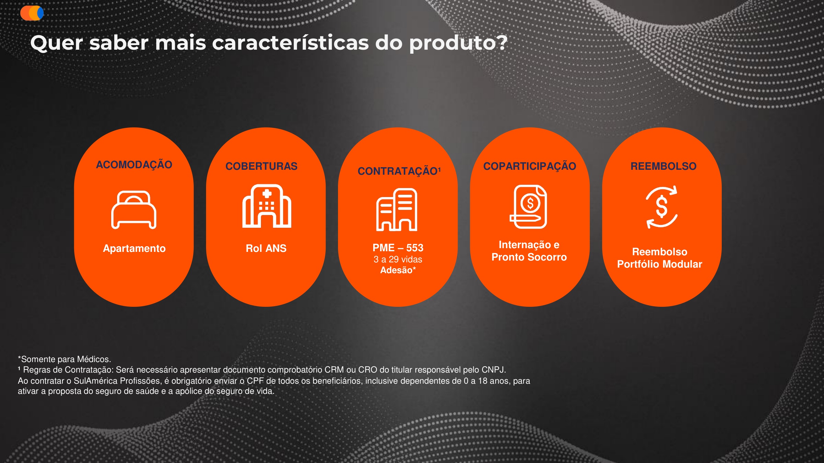 Características do SulAmérica Profissões: acomodação em apartamento, coberturas Rol ANS, contratação PME 3 a 29 vidas, coparticipação para internação e pronto-socorro e reembolso modular.