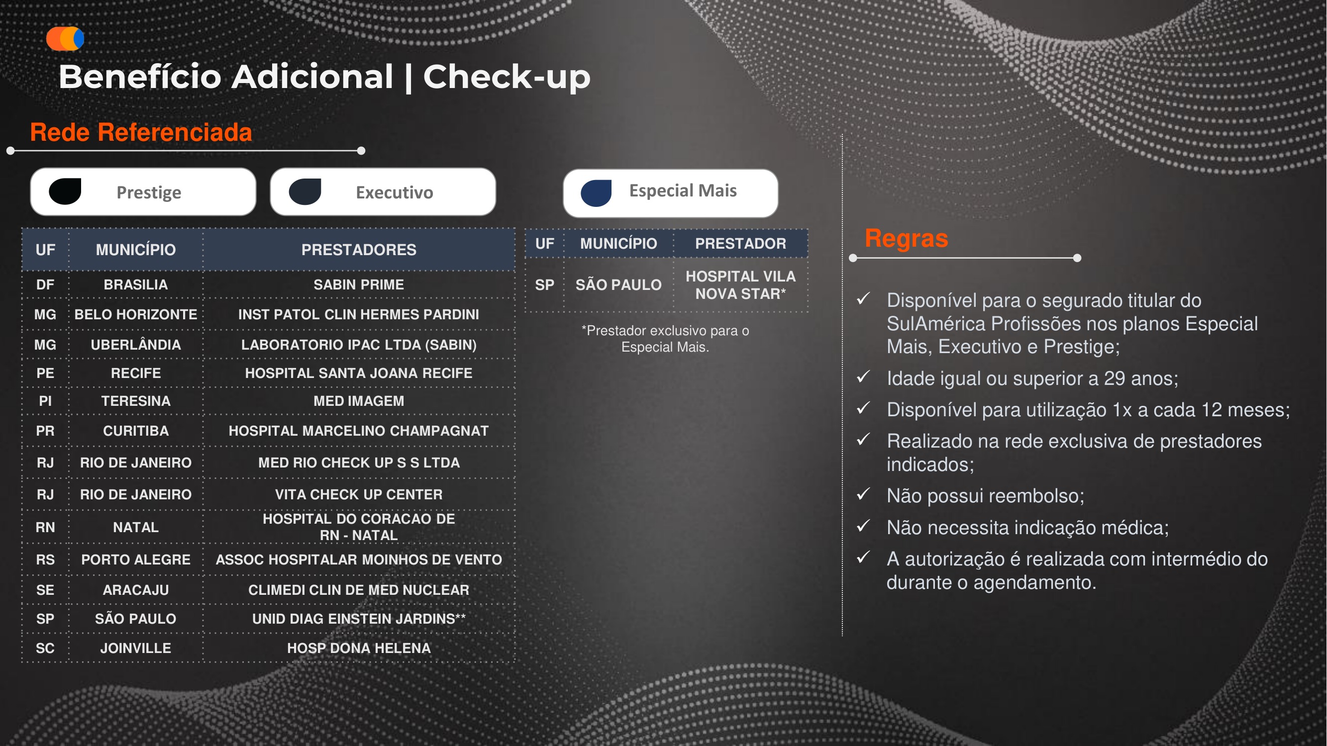 Lista de prestadores de check-up por cidade: Einstein Jardins, Moinhos de Vento, Med Rio, Vita Check-up, Santa Joana, Dona Helena e outros. Regras: titular, 29+, 1x a cada 12 meses, sem reembolso e sem indicação médica.